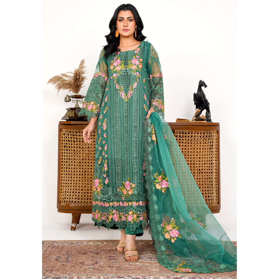 Organza 002-BOTTLE GREEN FORMAL DRESS