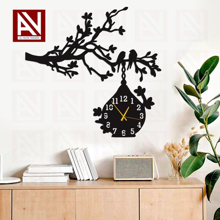 Al Noor Traders Brand 3D Wooden Bird and Cage Wall Art with Clock | Wall Clocks for Bedroom and Home Decoration