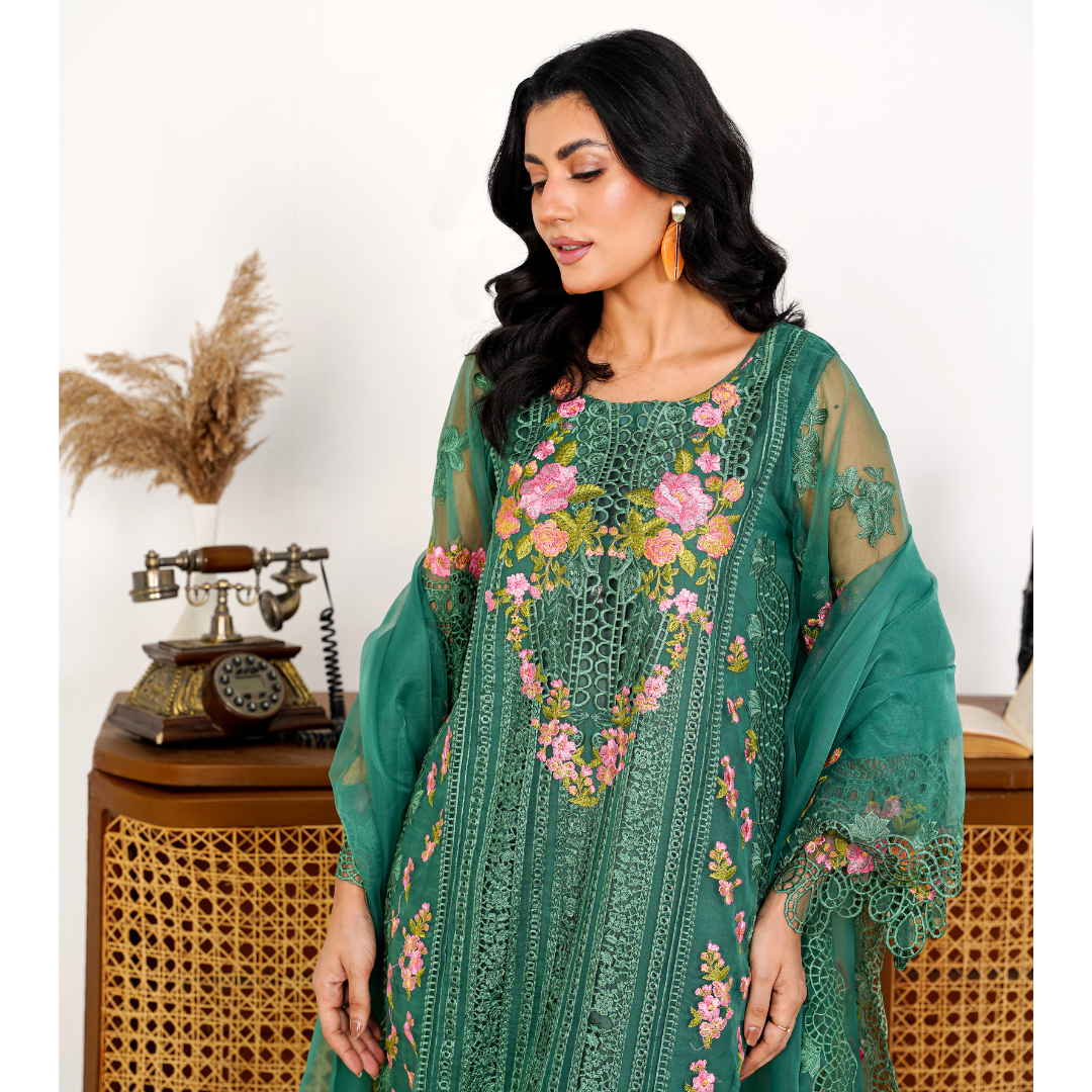 Organza 002-BOTTLE GREEN FORMAL DRESS